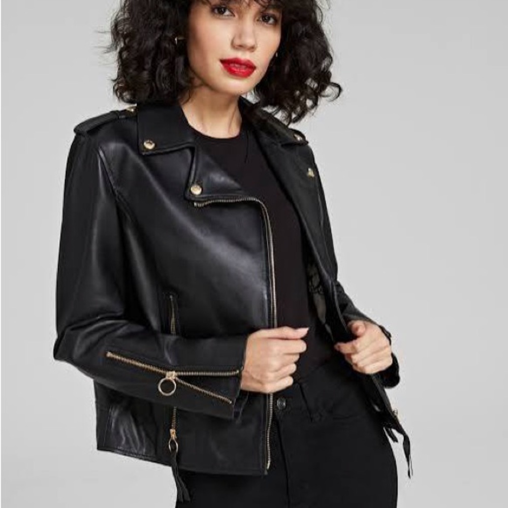 Sam Edelman Black Lambskin Leather Asymmetrical Moto Biker Jacket Size Small